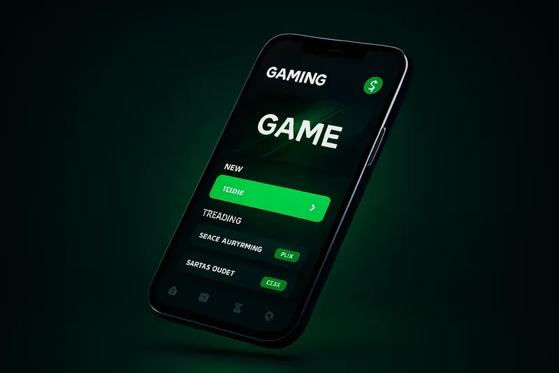 Sleek modern smartphone with premium gaming app UI, green accents, and soft glow