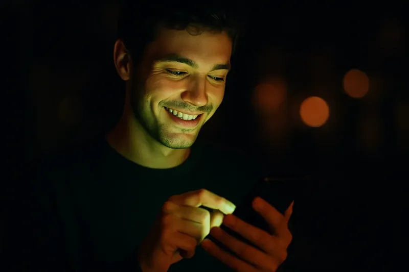 Young man smiling while using phone with green and gold light on his face