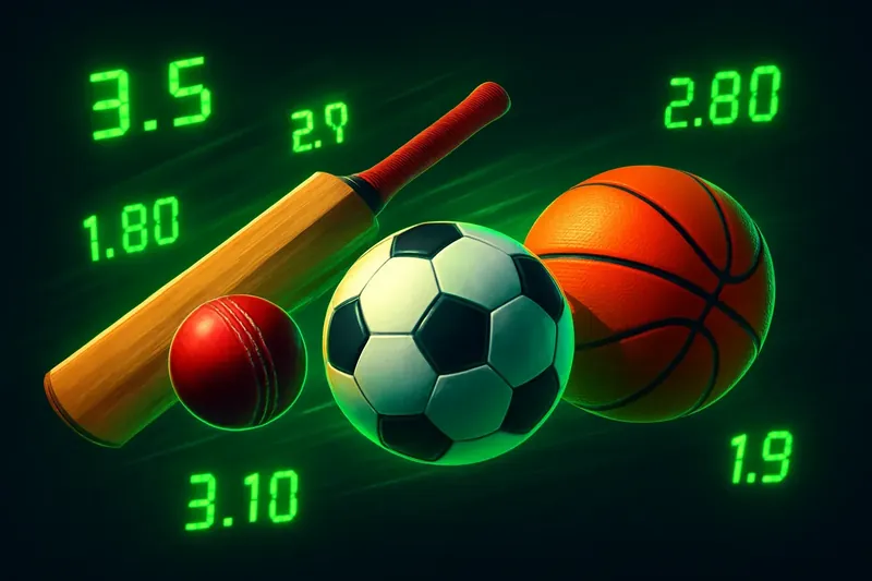 Cricket bat, football, and basketball with motion blur and digital odds on dark neon background
