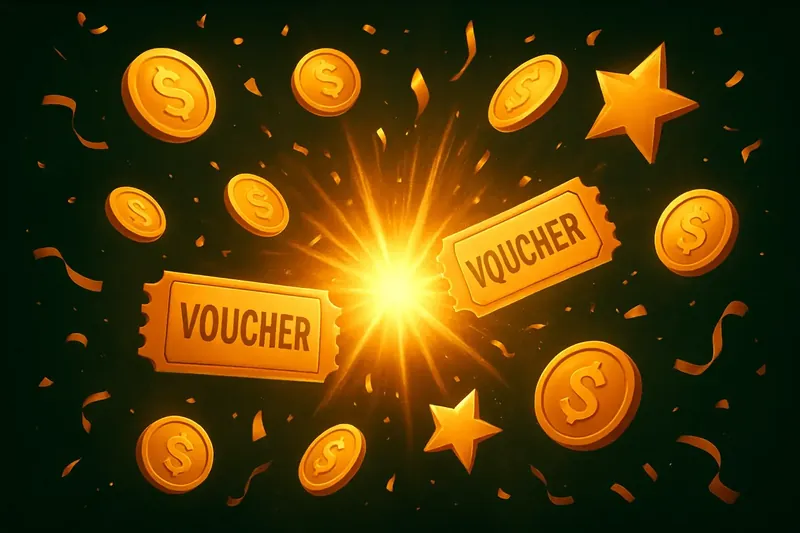 Golden coins, vouchers, and stars bursting with confetti on a dark background