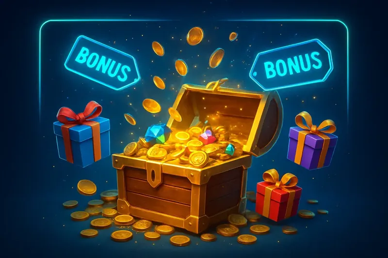 Golden treasure chest bursting with coins, gems, gifts, and glowing bonus tags on dark neon background