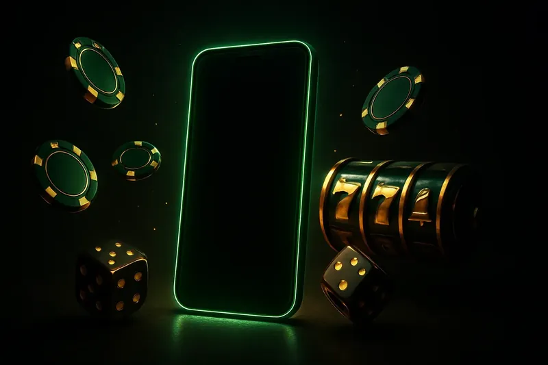 Panoramic banner with glowing smartphone, casino chips, slot reels, and dice on a dark luxurious background