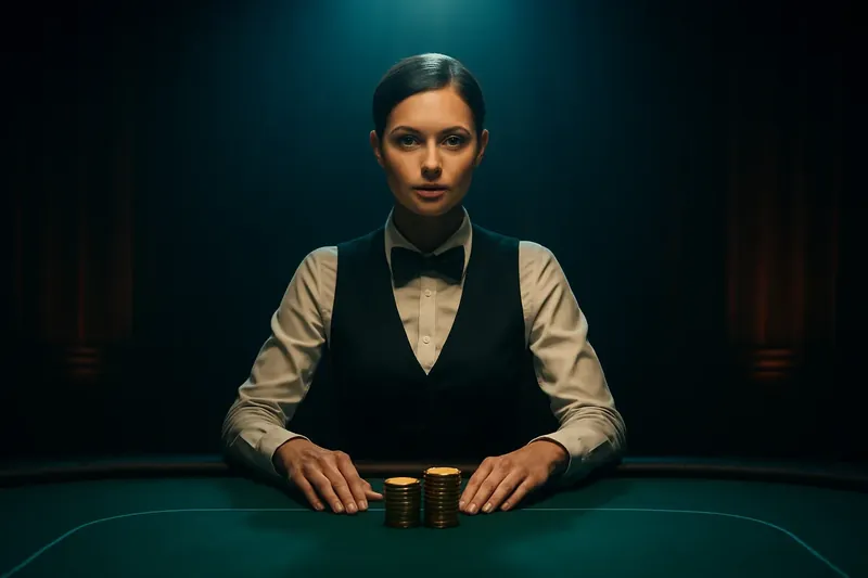 Professional female dealer at green felt table with golden chips under dramatic spotlight