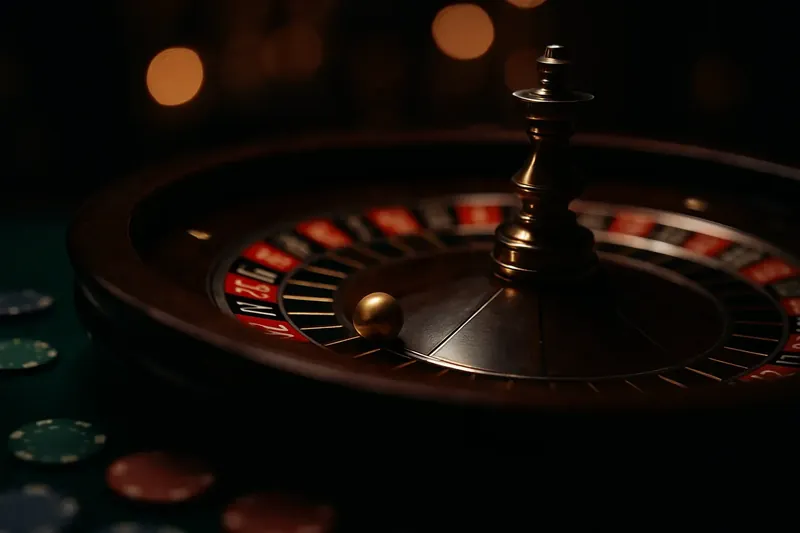 Spinning roulette wheel with golden ball, green felt, and scattered chips in a premium casino atmosphere